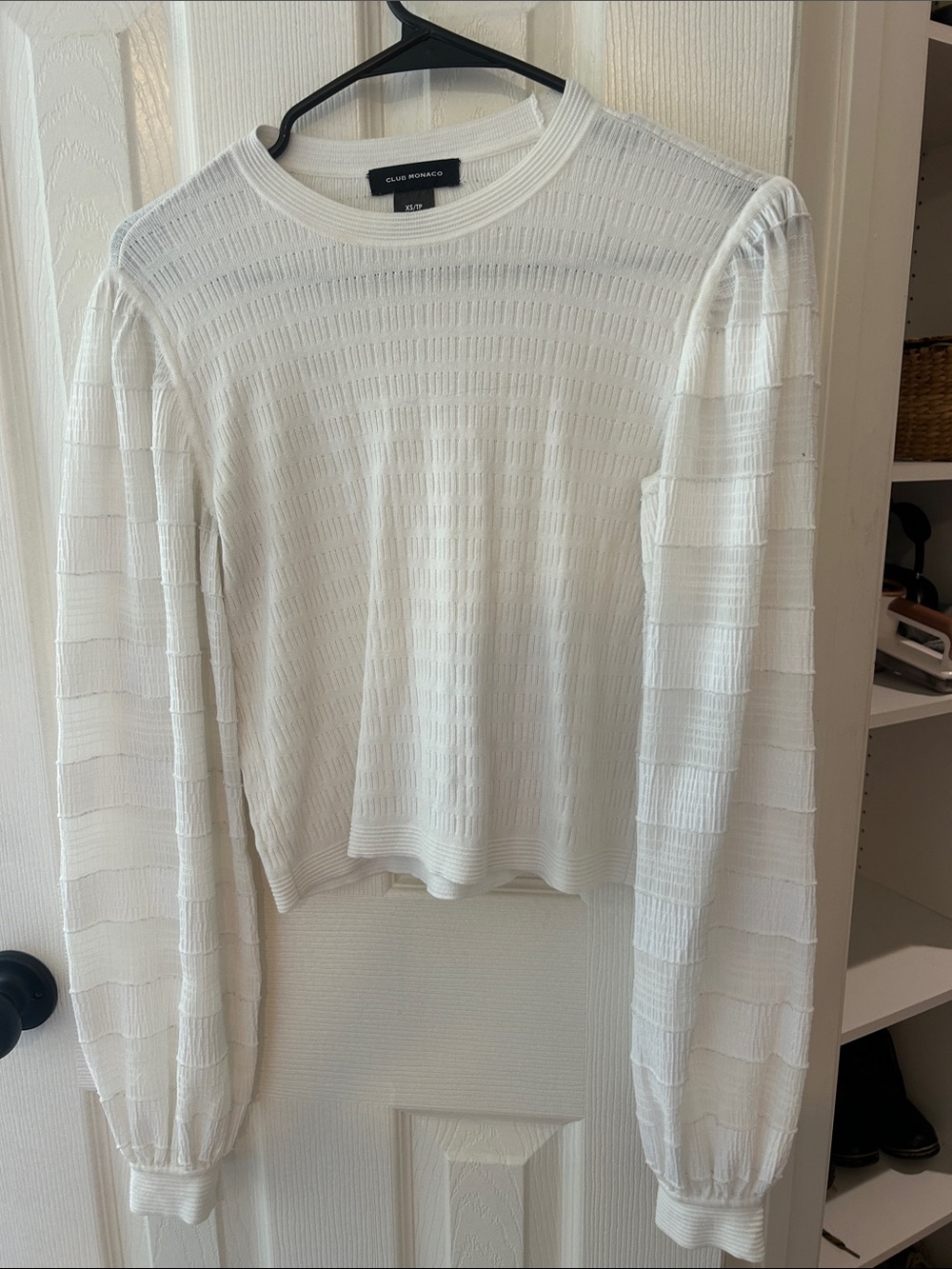 Club Monaco Ivory Textured Puff-Sleeve Long Sleeve Top